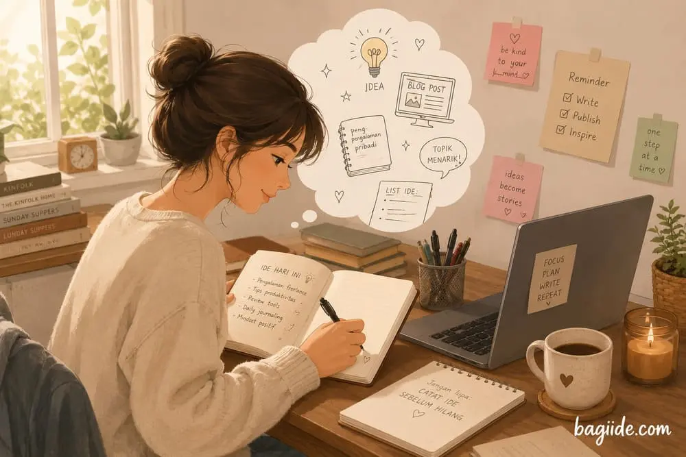 dengan journaling bisa menyimpan ide topik yang terpikirkan oleh blogger